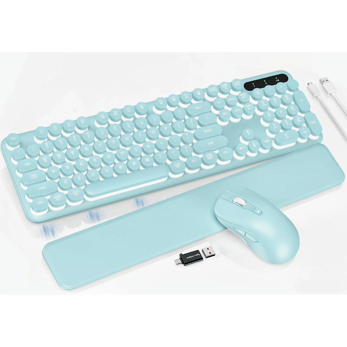 Wagpak Wireless Keyboard and Mouse Backlit - Retro Round Keycaps, Detachable Wrist Rest, Mint Green, New, 1 Count