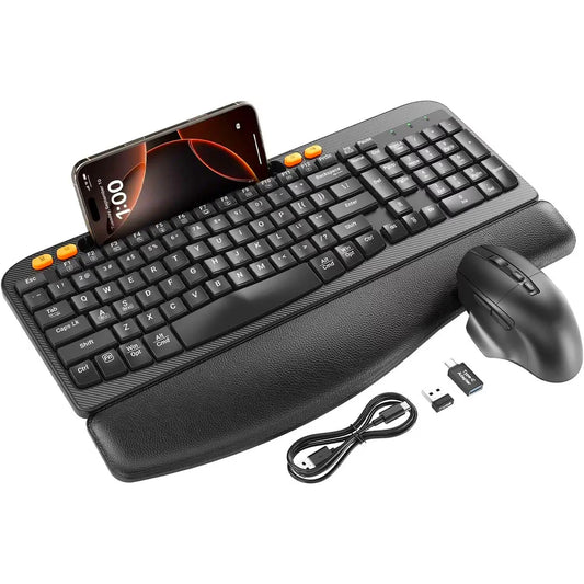 Ergonomic Wireless Keyboard & Mouse Combo - Rechargeable Type-C, Cushioned Wrist Rest, 7.28” Phone Holder, Silent Mouse, 2.4G Lag-Free for Windows/Mac