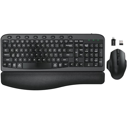 Ergonomic Wireless Keyboard and Mouse Combo, Leather Cushioned Palm Rest, Wave Keys, Silent Typing, 2.4G Lag-Free-Wagpak
