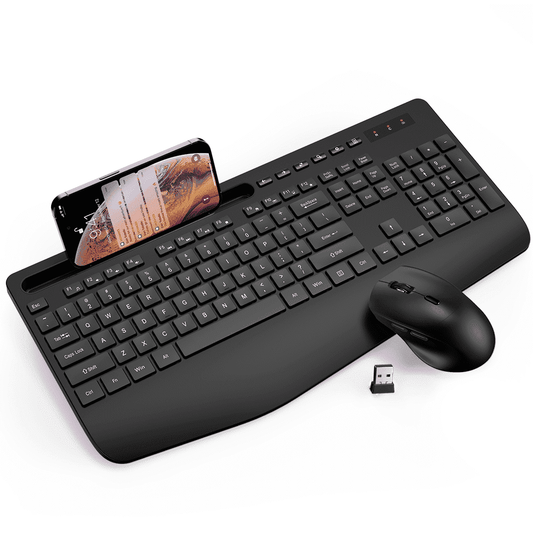 Ergonomic Wireless Keyboard and Mouse Combo with Phone Holder - Full-Sized, Silent, 2.4GHz Cordless Set for PC, Mac, Windows