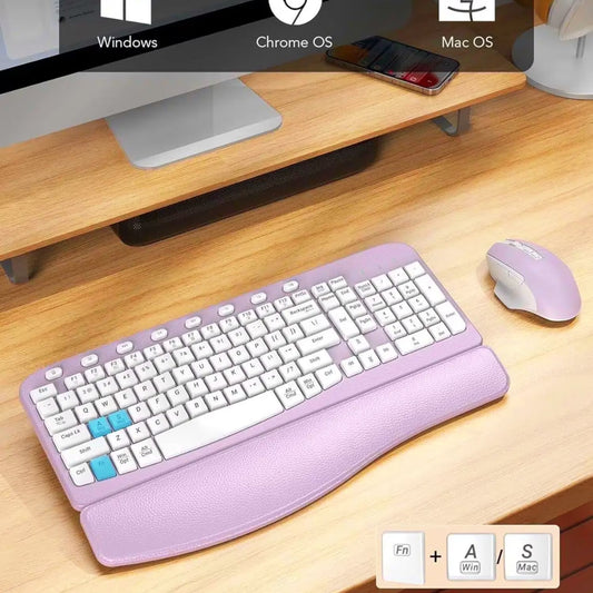 Ergonomic Wireless Keyboard and Mouse Combo, Leather Cushioned Palm Rest, Wave Keys, Silent Typing, 2.4G Lag-Free-Wagpak-Purple