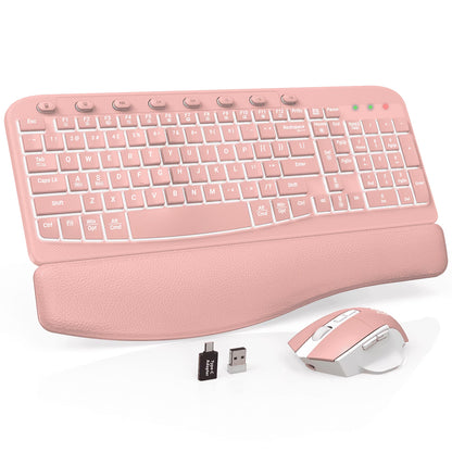 Wireless Keyboard and Mouse Combo - Ergonomic Wave Rechargeable Keyboard with Soft Leather Wrist Rest, RGB Backlit -Pink