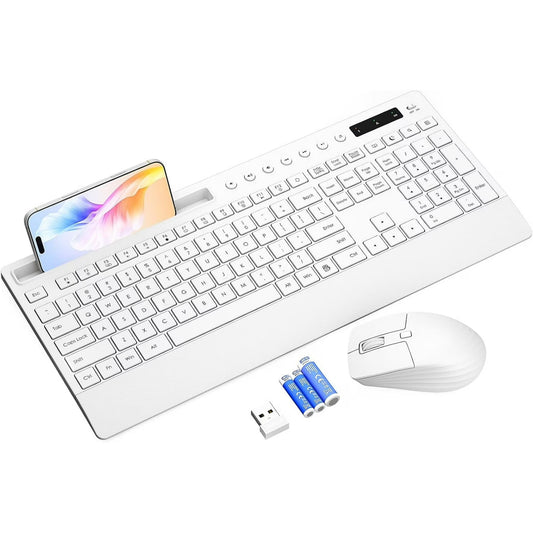Wireless Keyboard and Mouse Combo with Full-Size Quiet, Palm Rest, Phone Holder, Multimedia Keys, Batteries Included, Compatible with Windows, PC, Laptop - White