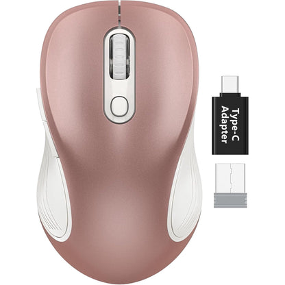 Wireless Mouse for Laptop, Ergonomic Silent Computer Mouse with USB & USB-C, 3 DPI 6 Buttons,Rose Gold