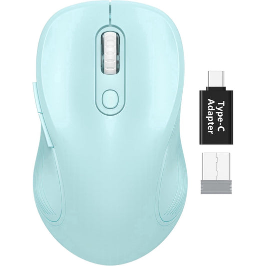 Wireless Mouse for Laptop, Ergonomic Silent Computer Mouse with USB & USB-C, 3 DPI 6 Buttons,Light Blue