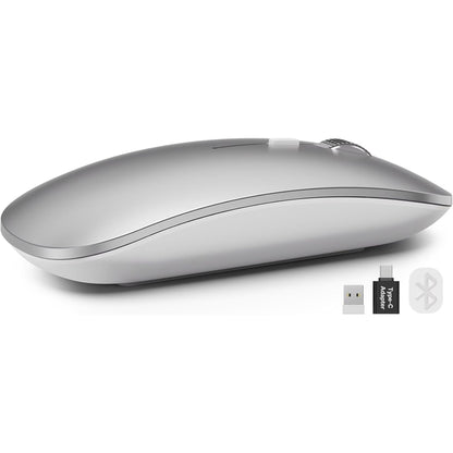 Bluetooth Wireless Mouse for MacBook, iPad, Laptop, Tri-Mode Rechargeable Silent Slim Computer Mouse for 3 Devices with USB & USB-C,Sliver