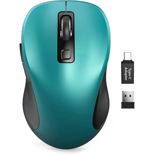 Wireless Mouse for Laptop, Ergonomic Silent Computer Mouse with USB & USB-C, 3 DPI 6 Buttons,Teal