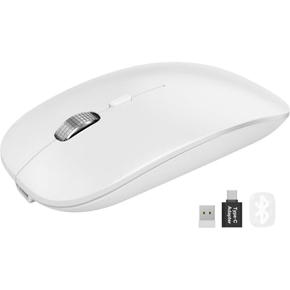 Bluetooth Wireless Mouse for MacBook, iPad, Laptop, Tri-Mode Rechargeable Silent Slim Computer Mouse for 3 Devices with USB & USB-C，White