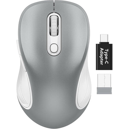 Wireless Mouse for Laptop, Ergonomic Silent Computer Mouse with USB & USB-C, 3 DPI 6 Buttons,Silver Grey