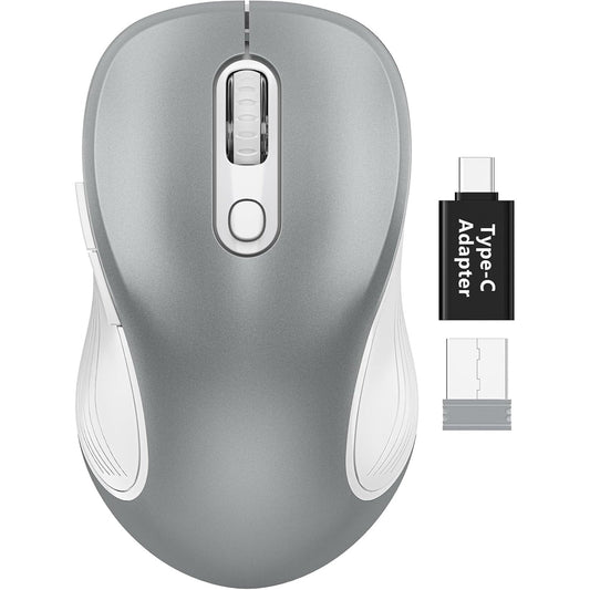Wireless Mouse for Laptop, Ergonomic Silent Computer Mouse with USB & USB-C, 3 DPI 6 Buttons,Silver Grey