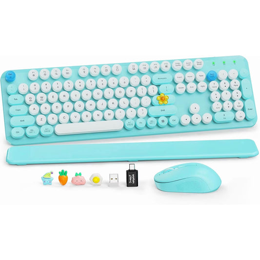 Wireless Keyboard and Mouse Combo, Retro Round Keycaps, Full Size with Detachable Wrist Rest, 2.4G for PC Mac Windows, Dark Blue