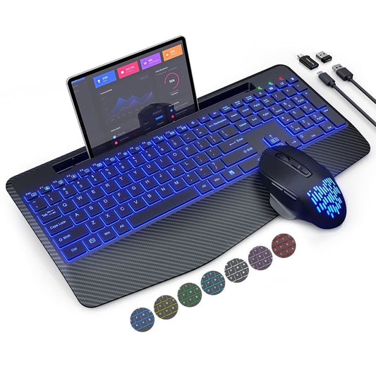 Wireless Keyboard and Mouse Backlit, Rechargeable Ergonomic Keyboard with Wrist Rest, LED Mouse, Phone Holder, Silent for Computer, Mac, PC, Laptop, Chromebook--Black