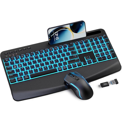 Rechargeable Backlit Wireless Keyboard and Mouse Combo, Ergonomic with Wrist Rest & Phone Holder, Silent for Windows/Mac/Chrome OS - Black