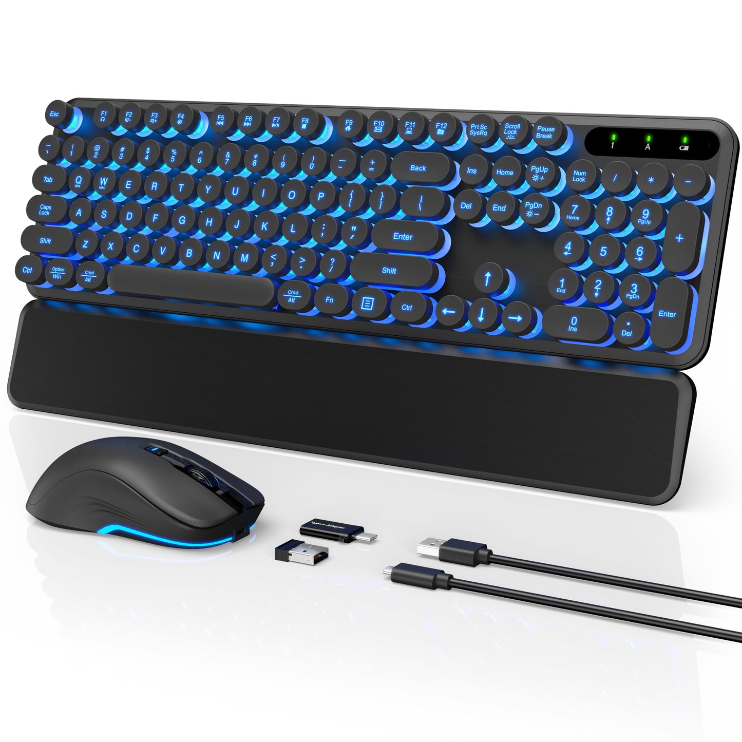 Wireless Keyboard and Mouse Backlit - Retro Round Keycaps, Detachable Wrist Rest