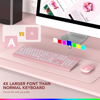 Wagpak Large Print Backlit Keyboard - Wired USB Lighted Computer Keyboard for Laptops,Pink