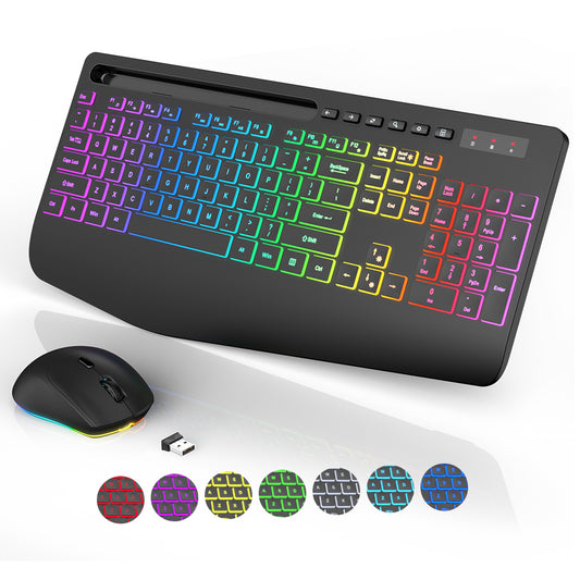 Wireless Keyboard and Mouse Combo, 9 Backlit Effects with Wrist Rest, Phone Holder