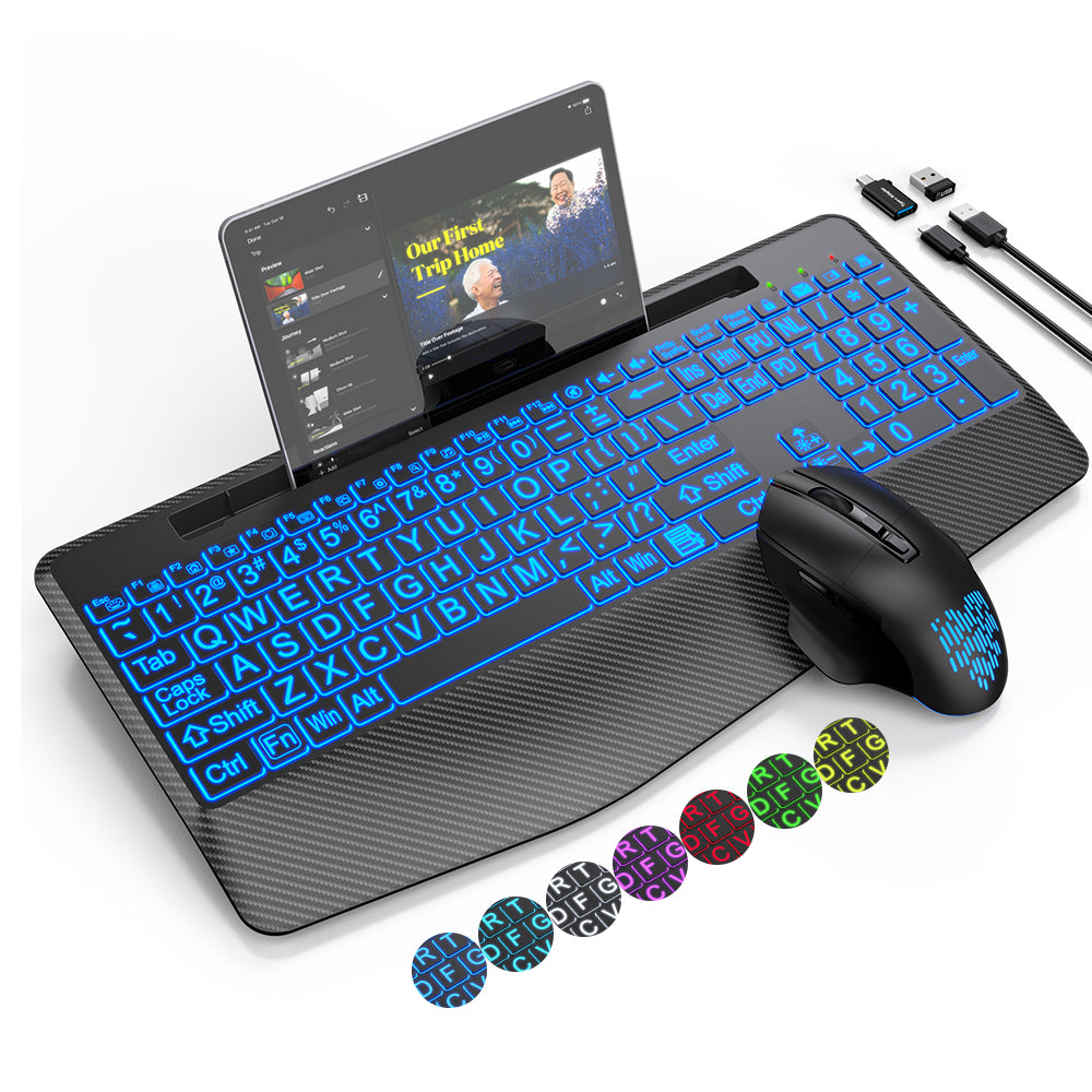 Wireless Keyboard and Mouse Backlits, Wrist Rest, Jiggler Mouse, Rechargeable Keyboard with Holder