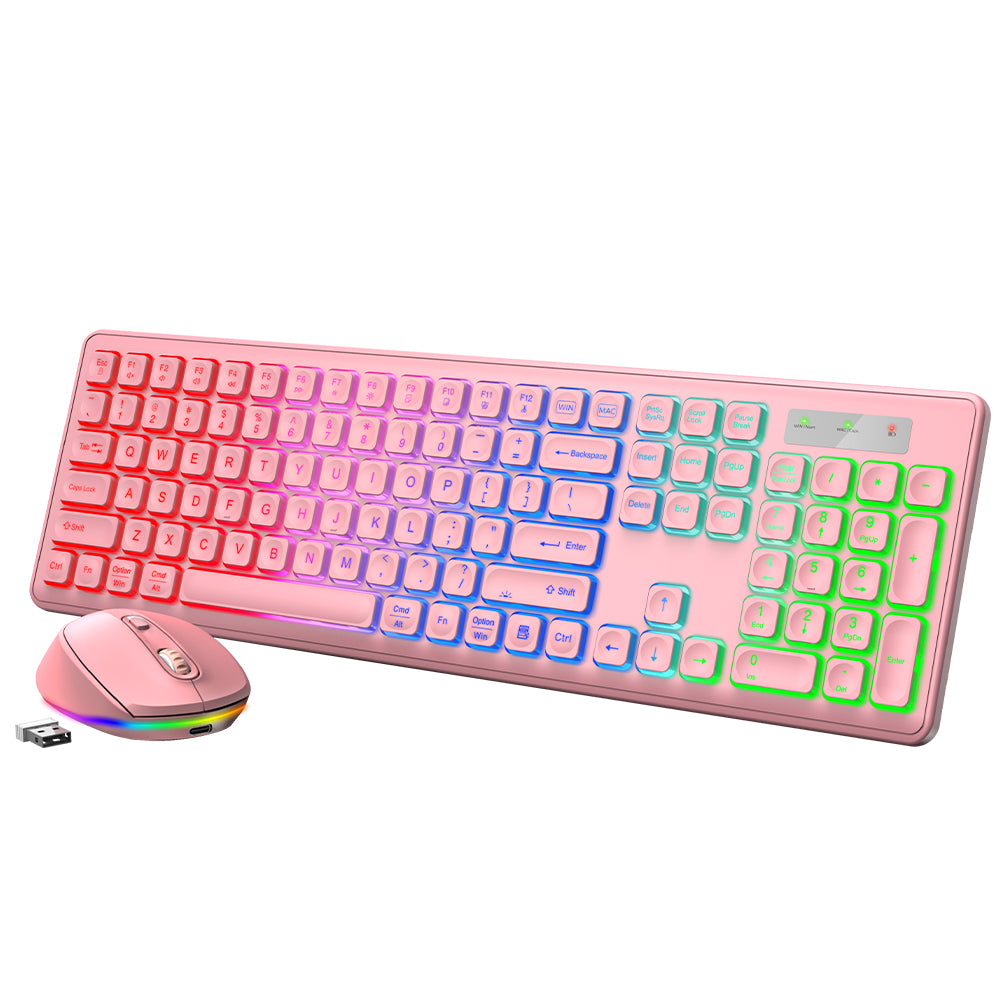 Wireless Keyboard and Mouse Backlit, Quiet Light Keys Sleep Mode Rechargeable Cordless Combo-pink