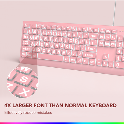 Wagpak Large Print Backlit Keyboard - Wired USB Lighted Computer Keyboard for Laptops,Pink