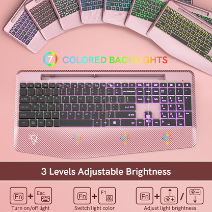 Wireless Keyboard with 7 Colored Backlits, Wrist Rest (Rose gold)