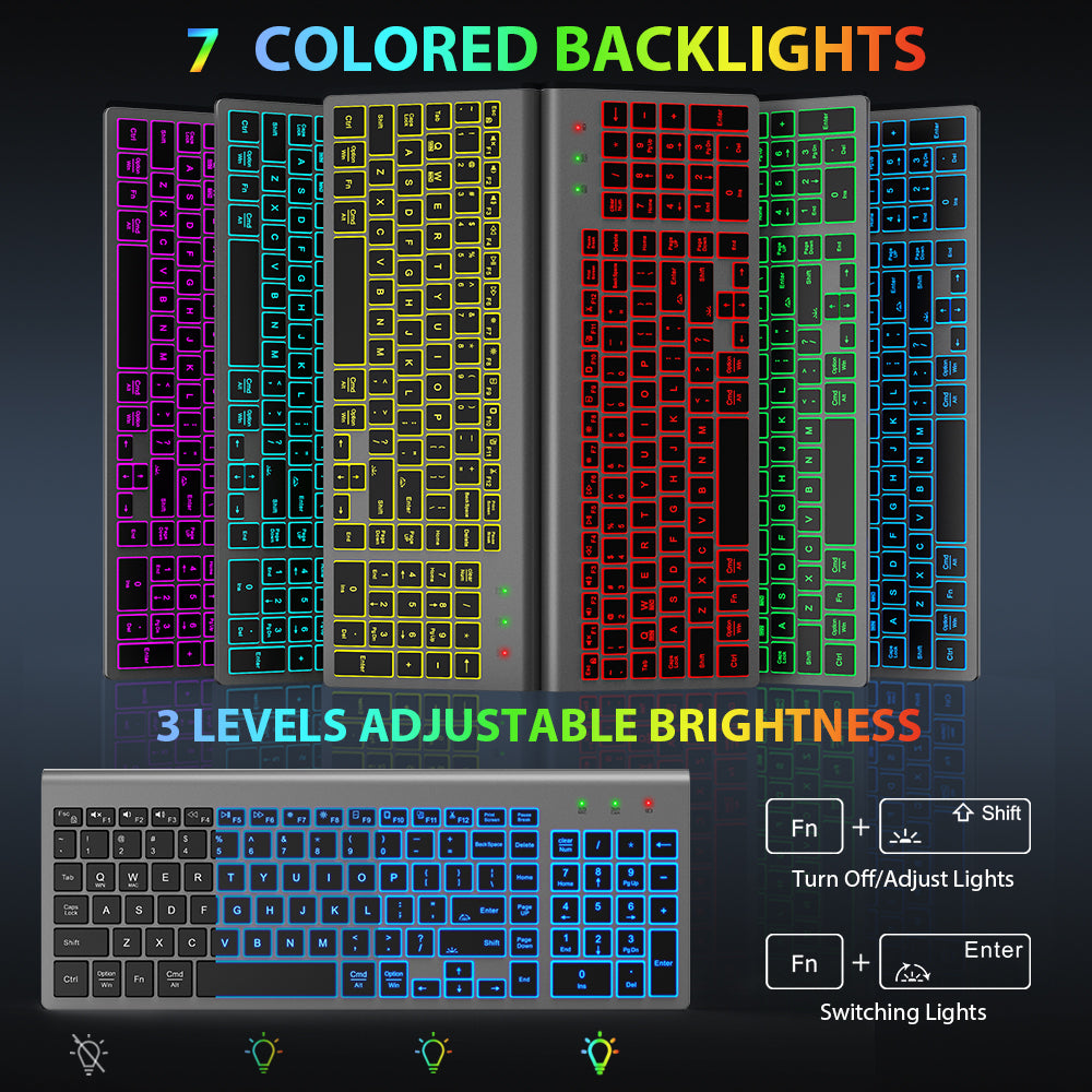 Wireless Keyboard and Mouse Combo - Quiet Backlit Keyboard with RGB Mouse, Rechargeable, Slim, Sleep Mode for Windows, Mac, Laptop - Space Gray-Wagpak