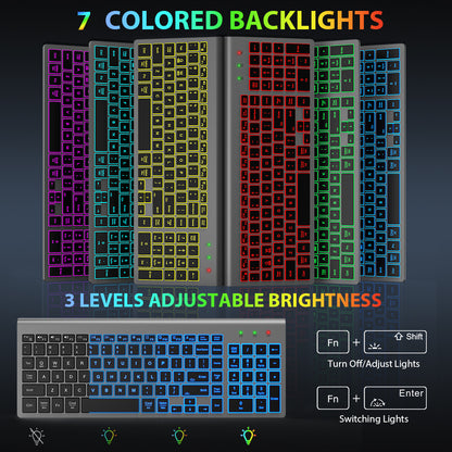 Wireless Keyboard and Mouse Combo - Quiet Backlit Keyboard with RGB Mouse, Rechargeable, Slim, Sleep Mode for Windows, Mac, Laptop - Space Gray-Wagpak