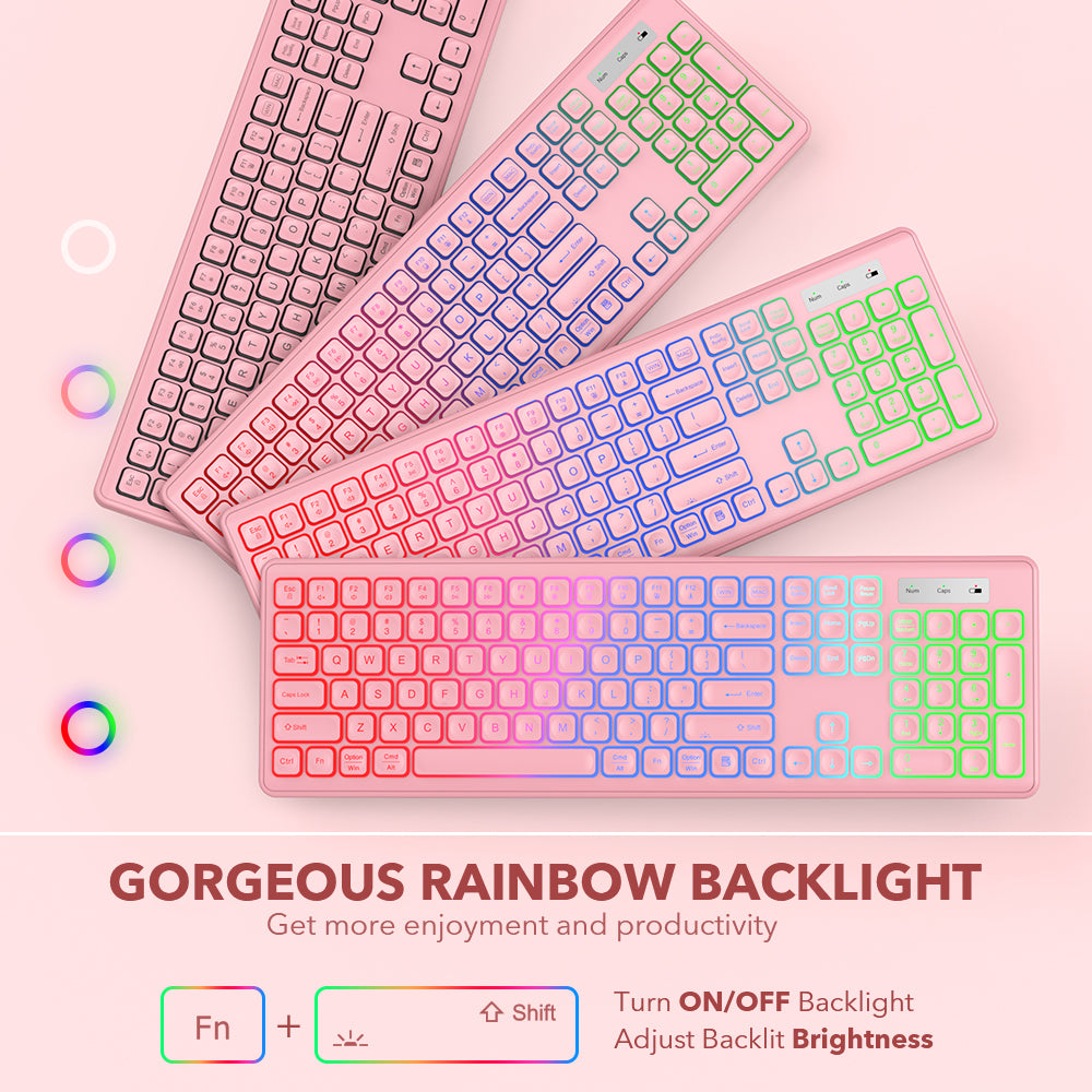 Wireless Keyboard and Mouse Backlit, Quiet Light Keys Sleep Mode Rechargeable Cordless Combo-pink