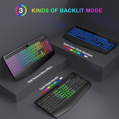 Wireless Keyboard and Mouse Combo, 9 Backlit Effects with Wrist Rest, Phone Holder