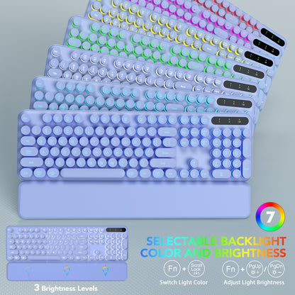 Wagpak Wireless Keyboard and Mouse Backlit - Retro Round Keycaps, Detachable Wrist Rest, Purple