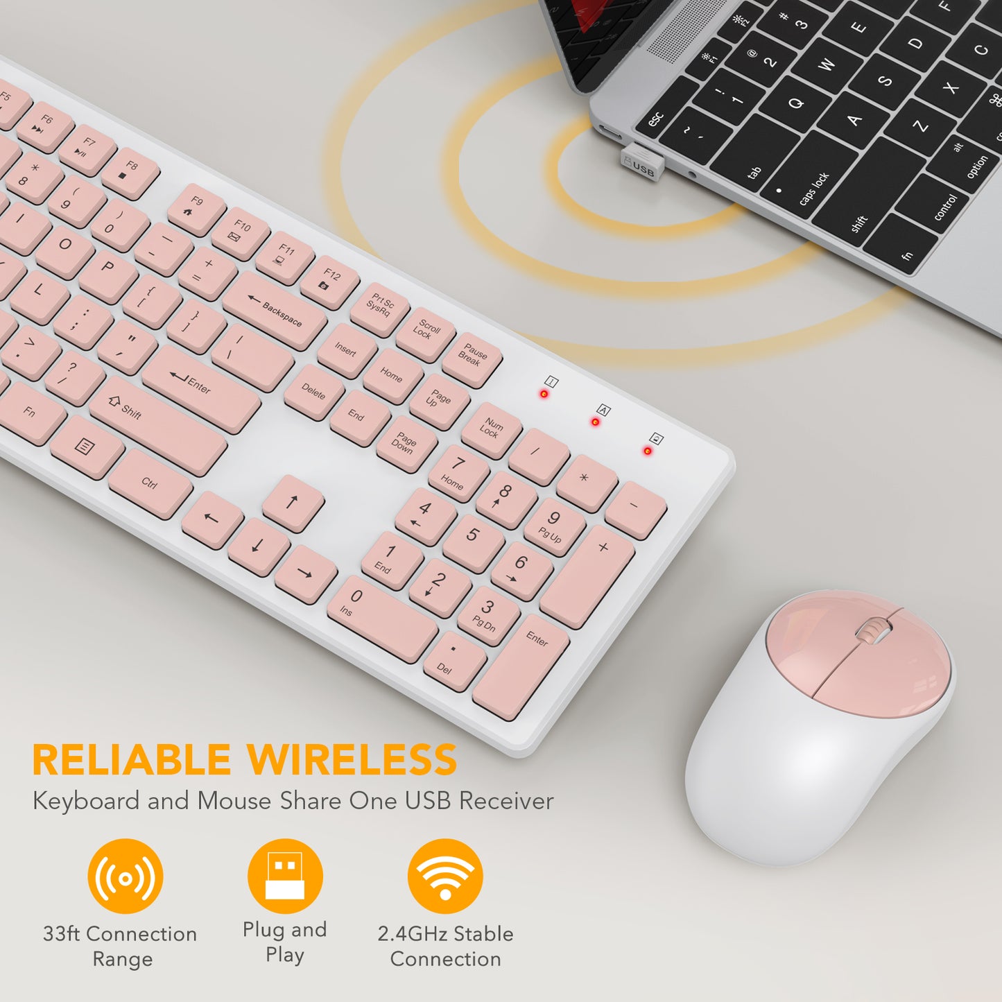 Wireless Keyboard and Mouse, Silent 2.4GHz Cordless Combo-Pink-Wagpak