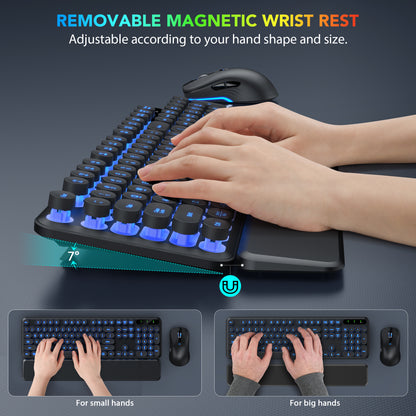 Wireless Keyboard and Mouse Backlit - Retro Round Keycaps, Detachable Wrist Rest