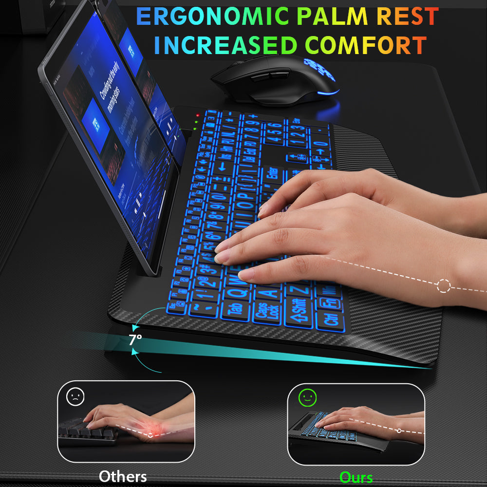 Wireless Keyboard and Mouse Backlits, Wrist Rest, Jiggler Mouse, Rechargeable Keyboard with Holder