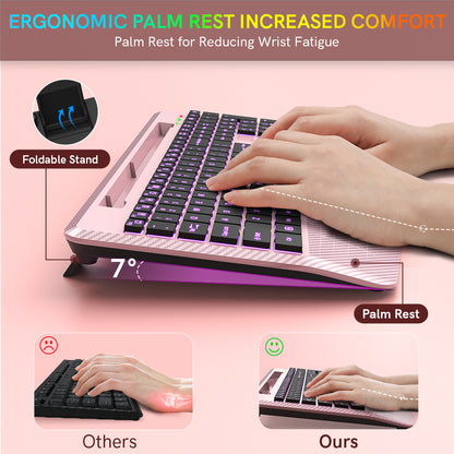 Wireless Keyboard with 7 Colored Backlits, Wrist Rest (Rose gold)