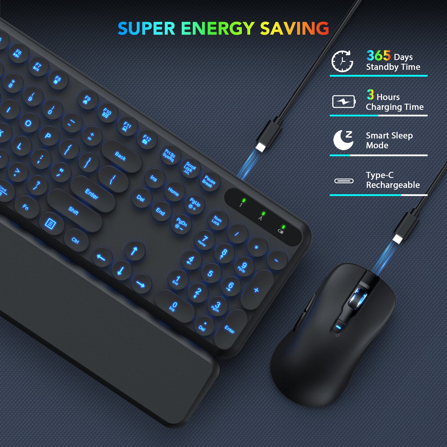 Wireless Keyboard and Mouse Backlit - Retro Round Keycaps, Detachable Wrist Rest