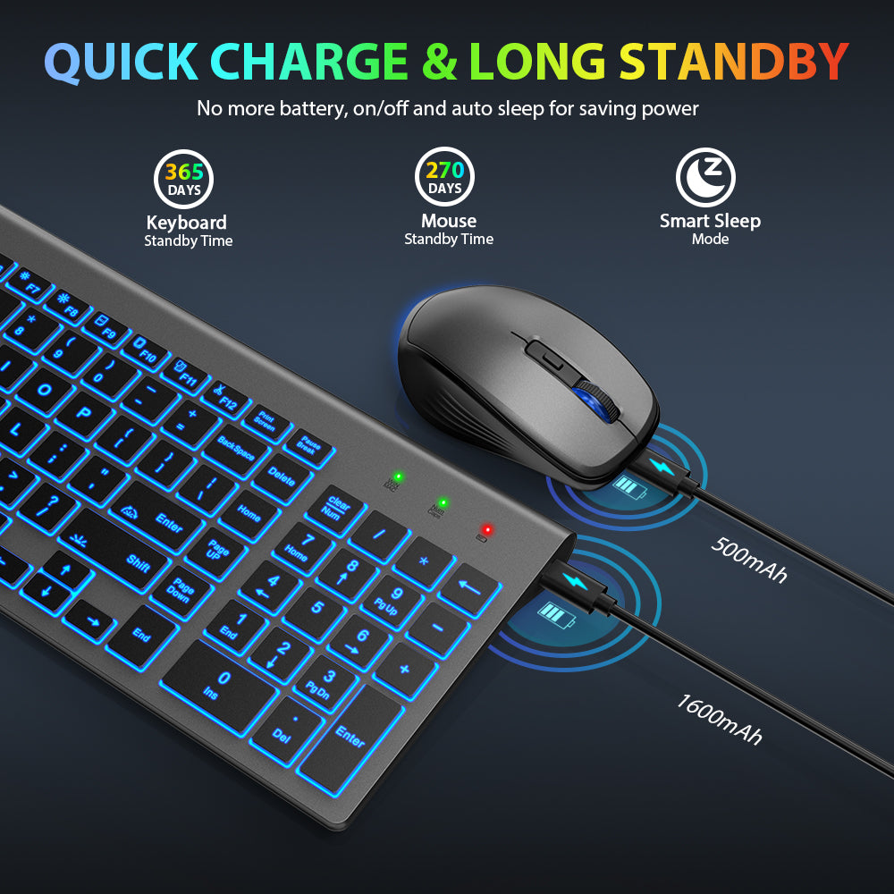 Wireless Keyboard and Mouse Combo - Quiet Backlit Keyboard with RGB Mouse, Rechargeable, Slim, Sleep Mode for Windows, Mac, Laptop - Space Gray-Wagpak
