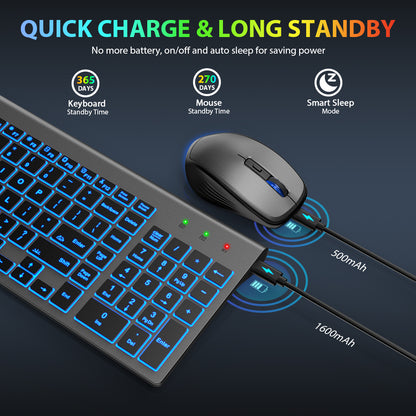 Wireless Keyboard and Mouse Combo - Quiet Backlit Keyboard with RGB Mouse, Rechargeable, Slim, Sleep Mode for Windows, Mac, Laptop - Space Gray-Wagpak