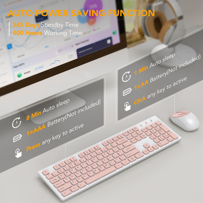 Wireless Keyboard and Mouse, Silent 2.4GHz Cordless Combo-Pink-Wagpak