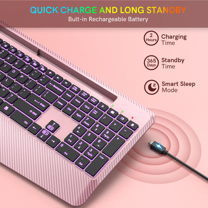 Wireless Keyboard with 7 Colored Backlits, Wrist Rest (Rose gold)