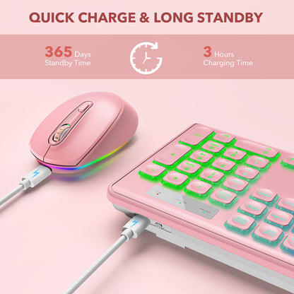 Wireless Keyboard and Mouse Backlit, Quiet Light Keys Sleep Mode Rechargeable Cordless Combo-pink