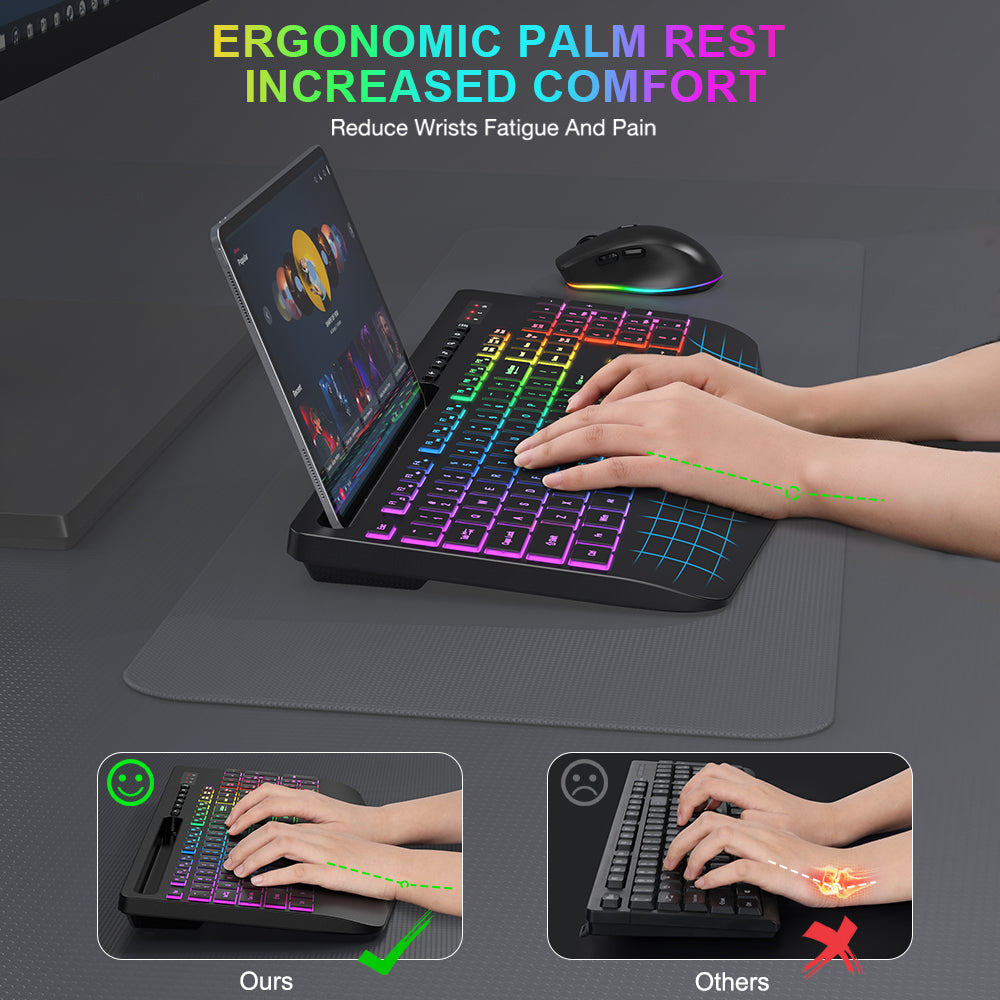 Wireless Keyboard and Mouse Combo, 9 Backlit Effects with Wrist Rest, Phone Holder