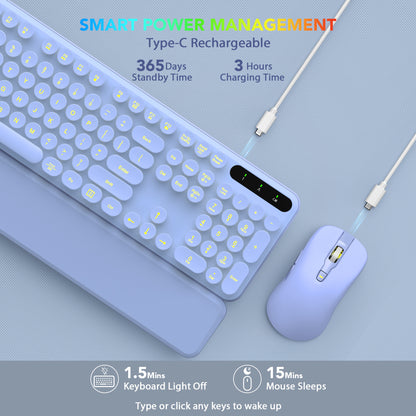 Wagpak Wireless Keyboard and Mouse Backlit - Retro Round Keycaps, Detachable Wrist Rest, Purple