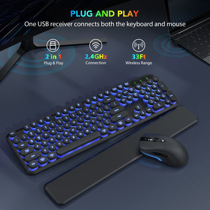 Wireless Keyboard and Mouse Backlit - Retro Round Keycaps, Detachable Wrist Rest