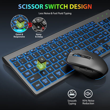 Wireless Keyboard and Mouse Combo - Quiet Backlit Keyboard with RGB Mouse, Rechargeable, Slim, Sleep Mode for Windows, Mac, Laptop - Space Gray-Wagpak