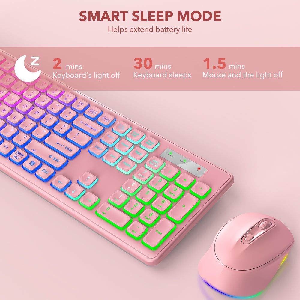 Wireless Keyboard and Mouse Backlit, Quiet Light Keys Sleep Mode Rechargeable Cordless Combo-pink