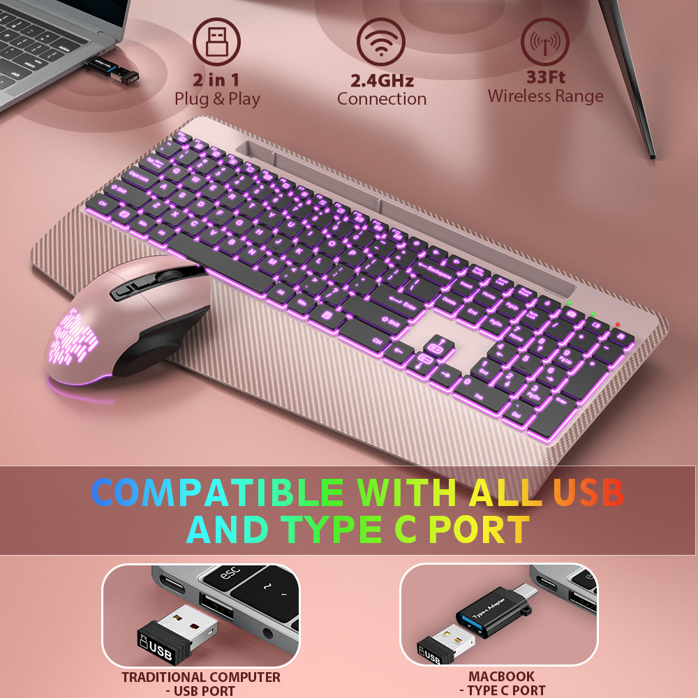 Wireless Keyboard and Mouse Backlits, Wrist Rest, Jiggler Mouse-roas gold