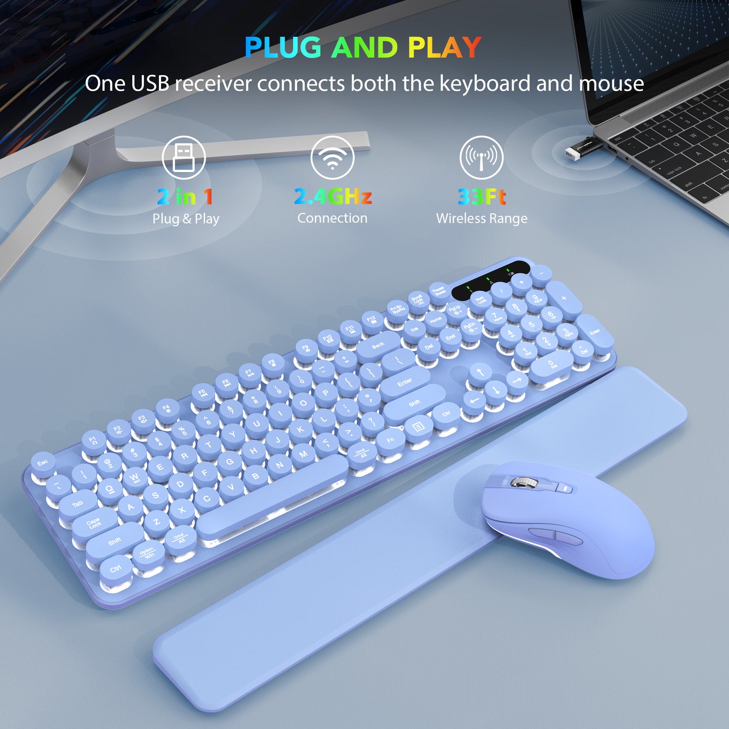 Wagpak Wireless Keyboard and Mouse Backlit - Retro Round Keycaps, Detachable Wrist Rest, Purple