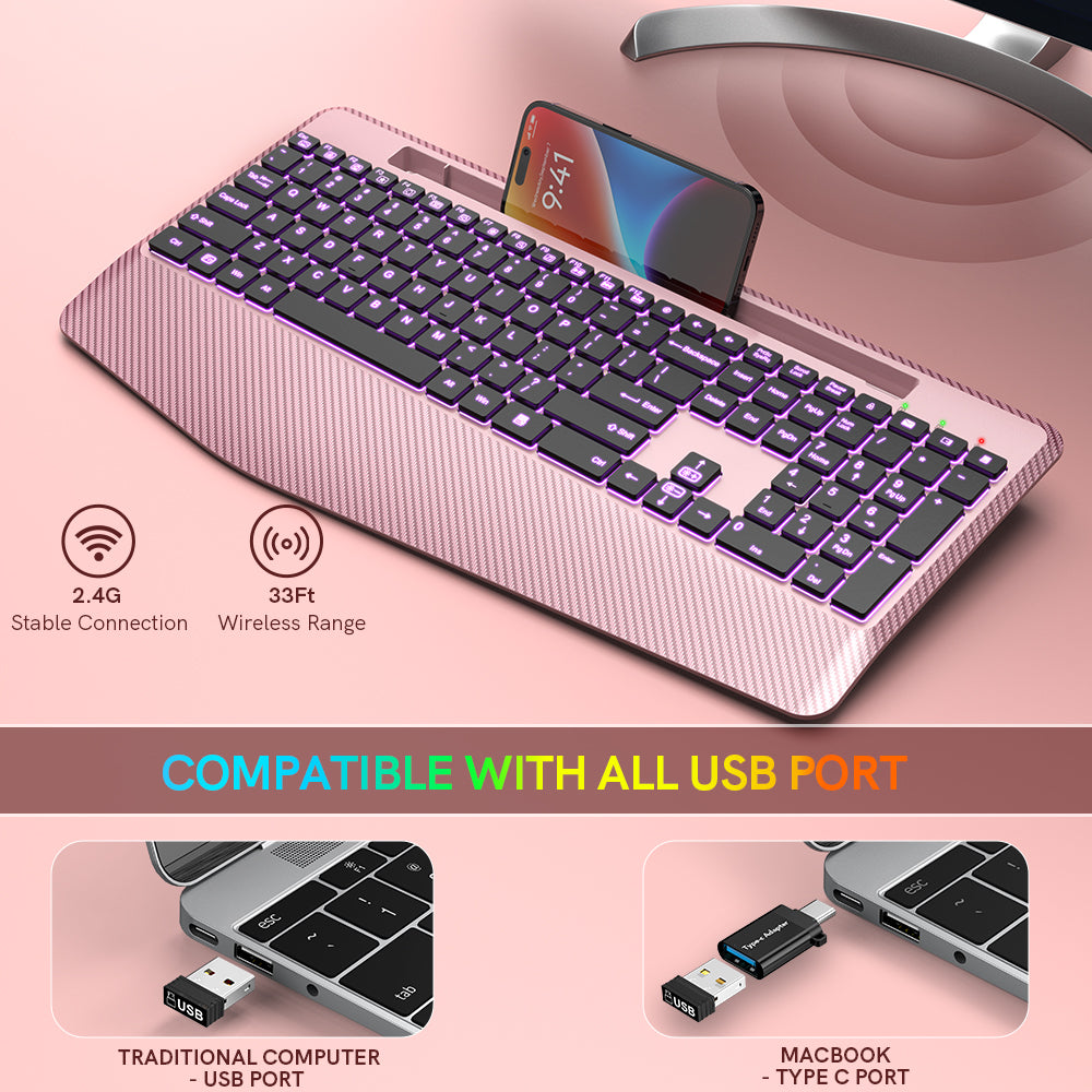 Wireless Keyboard with 7 Colored Backlits, Wrist Rest (Rose gold)