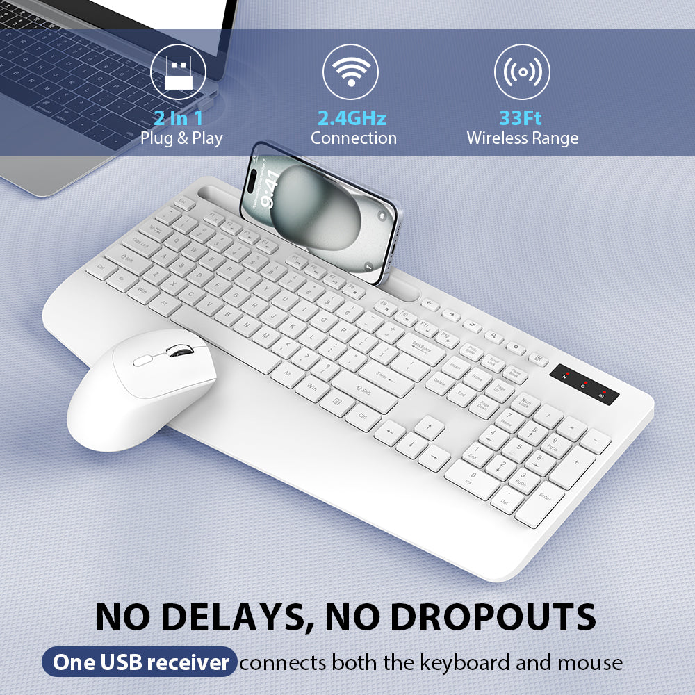 Wireless Keyboard and Mouse Combo with Wrist Rest-white