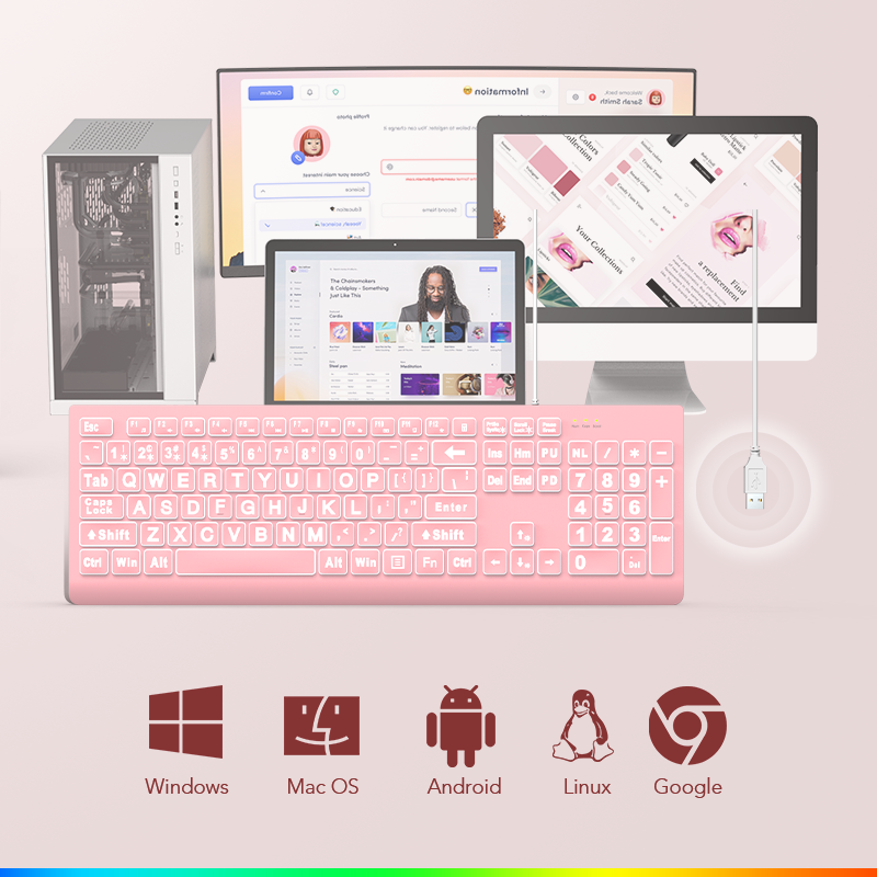 Wagpak Large Print Backlit Keyboard - Wired USB Lighted Computer Keyboard for Laptops,Pink