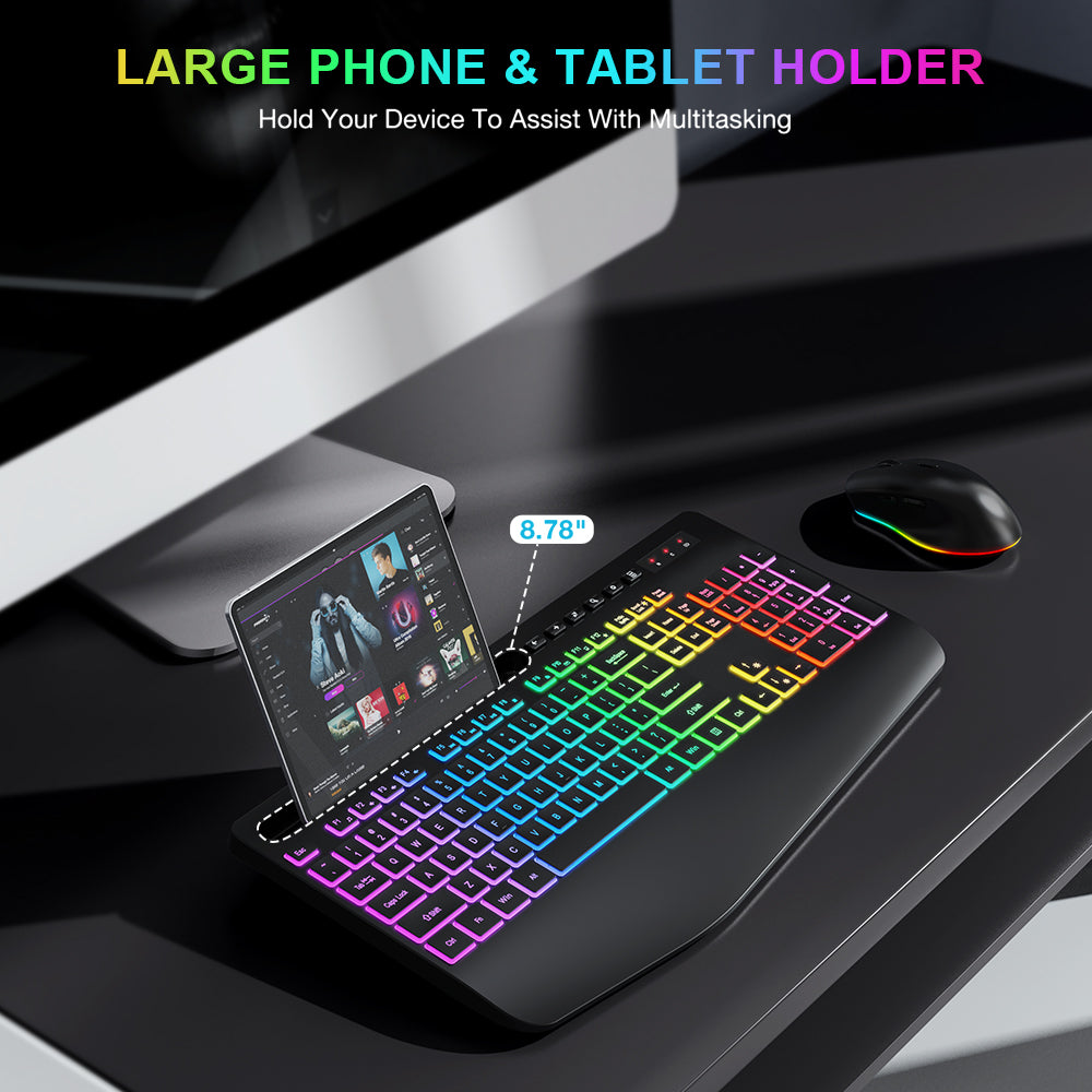 Wireless Keyboard and Mouse Combo, 9 Backlit Effects with Wrist Rest, Phone Holder